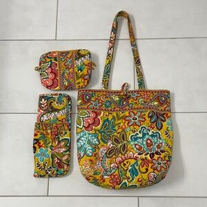 Vera Bradley Colorful Floral (Bundle of 3) Tote Set/Small Cosmetic bag/Tool bag